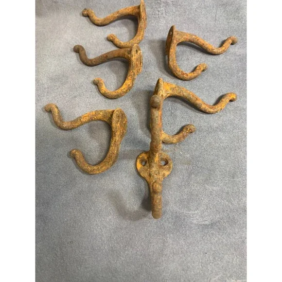 6 Antique Vintage Rustic Cast Wrought Iron Wall COAT HOOKS Hardware 3" RUSTY - Picture 2 of 11